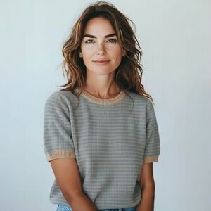 Short-Sleeve Striped Blue and Tan Women's Top